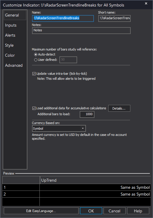Auto Trend Lines RadarScreen example chart 1 showing indicator signals