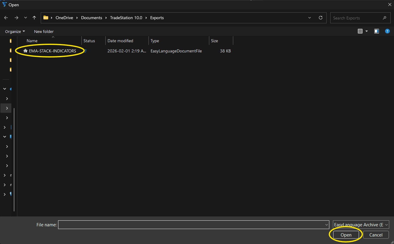 TradeStation installation step 5: Select and open the file